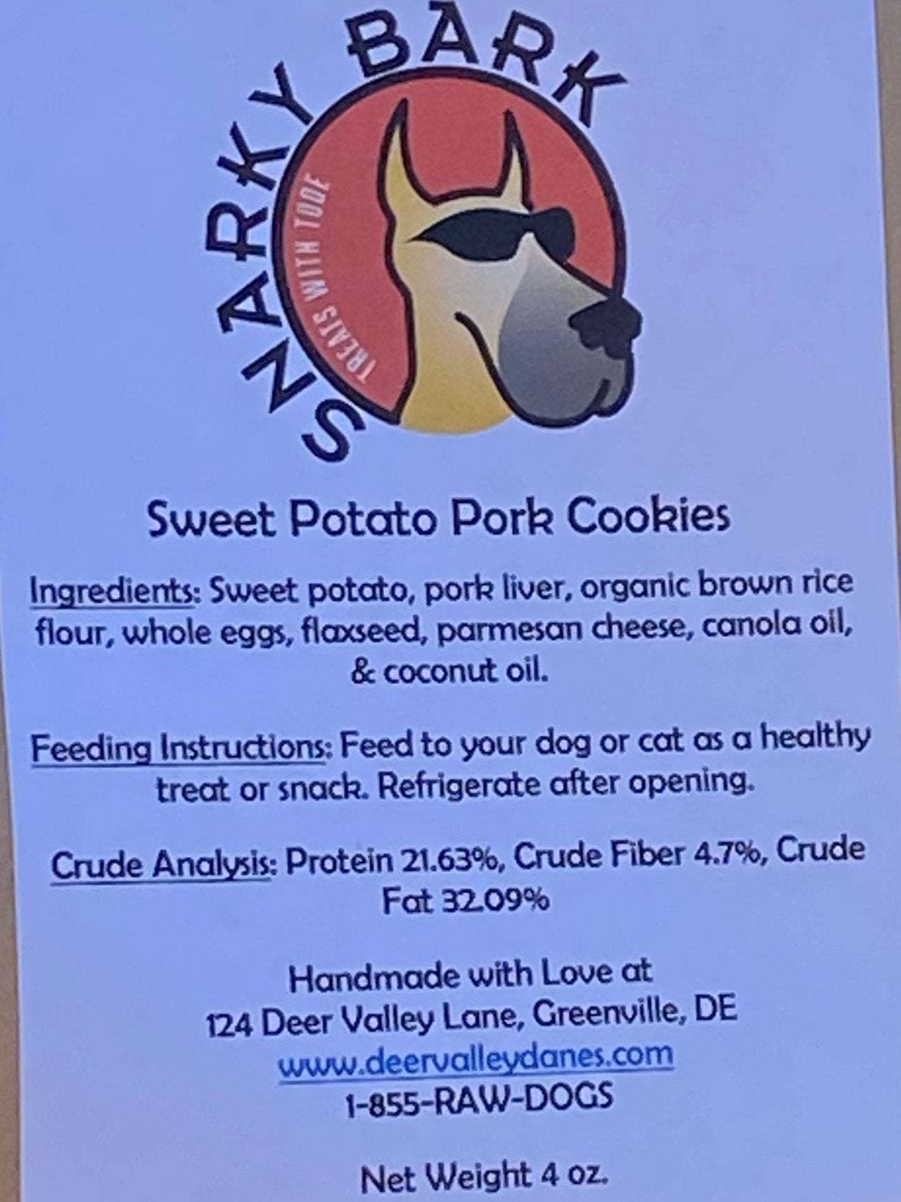 Snarky Bark sweet potato pork cookie healthy pet snack with natural ingredients and BPA-free packaging