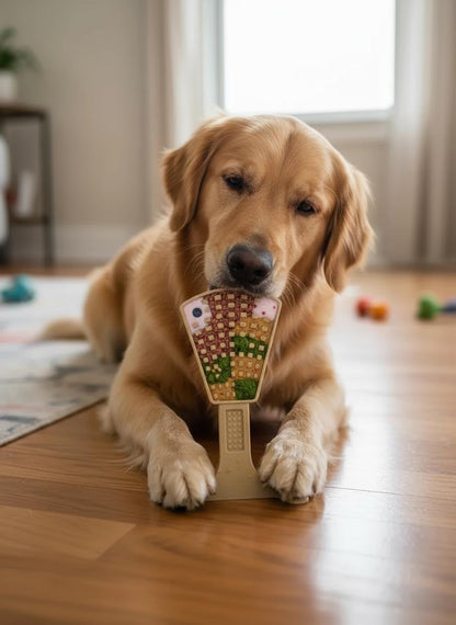 Golden retriever chewing on SodaPup Waffle Tower Nylon Chew enrichment toy indoors