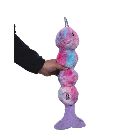 Tie dye skinny narwhal plush dog toy with squeakers and crinkle paper