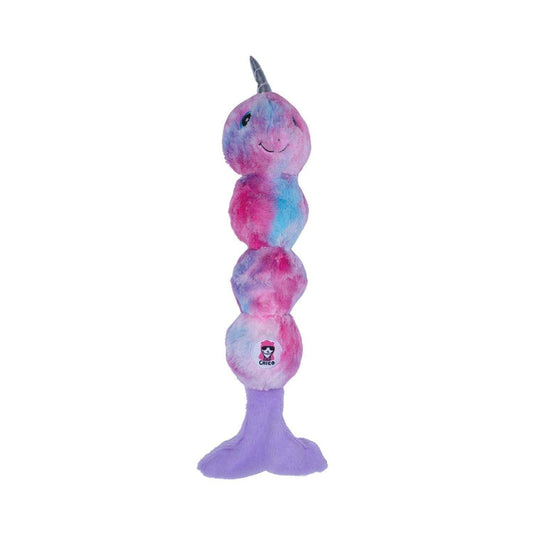 Tie dye skinny narwhal plush dog toy with squeakers and crinkle paper