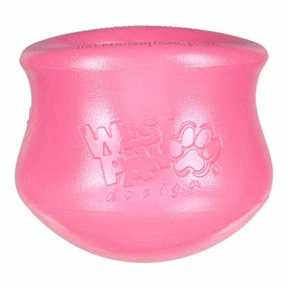 Toppl Geranium dog puzzle toy in bright pink recycled plastic with embossed West Paw logo and smooth rounded shape