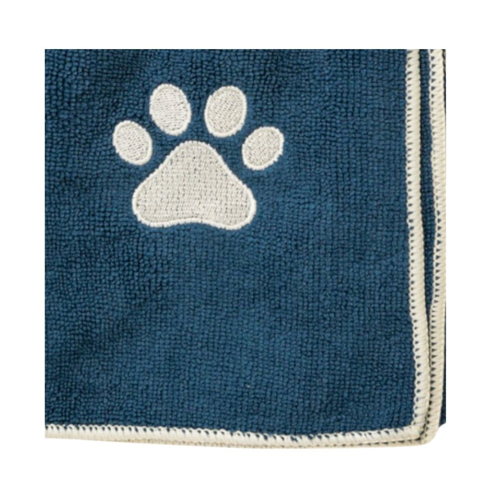 Country Living Large Marine Blue microfiber dog bath towel with embroidered paw print and durable overlock stitching