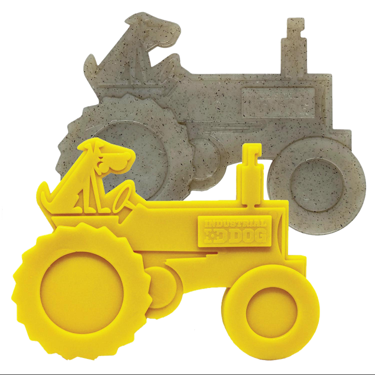 Yellow Tractor Nylon Dog Toy for aggressive chewers with durable textured surface, made in the USA by SodaPup