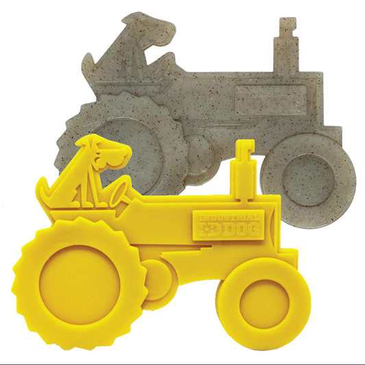 Yellow Tractor Nylon Dog Toy for aggressive chewers with durable textured surface, made in the USA by SodaPup