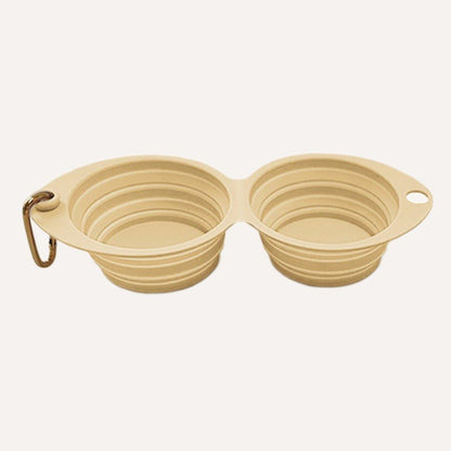 Collapsible double pet bowl in beige with clip for lightweight portable travel use