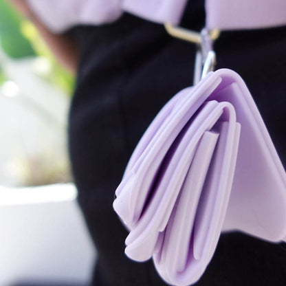 Compact lavender foldable pet food and water bowl hanging for travel use