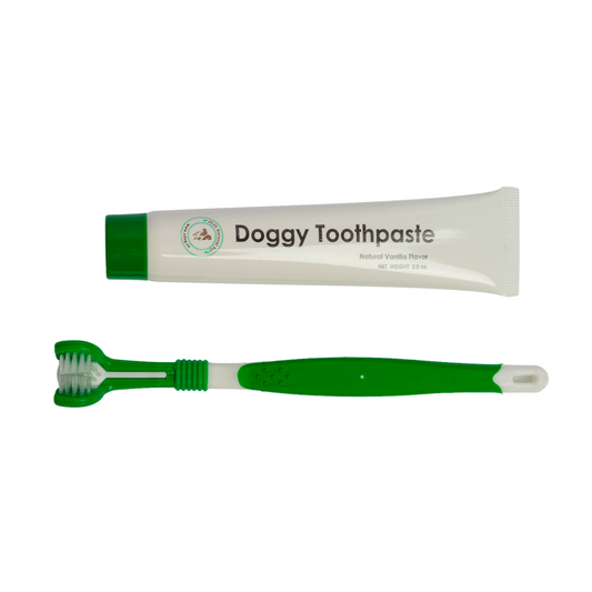Triple headed dog toothbrush with all-natural toothpaste kit for pet dental care