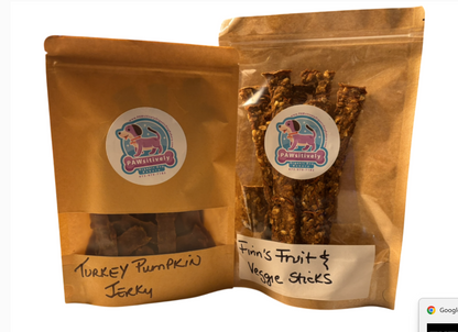 Finn's Organic Fruit n Veggie Sticks and Turkey Pumpkin Jerky bundle for dogs in resealable brown pouches