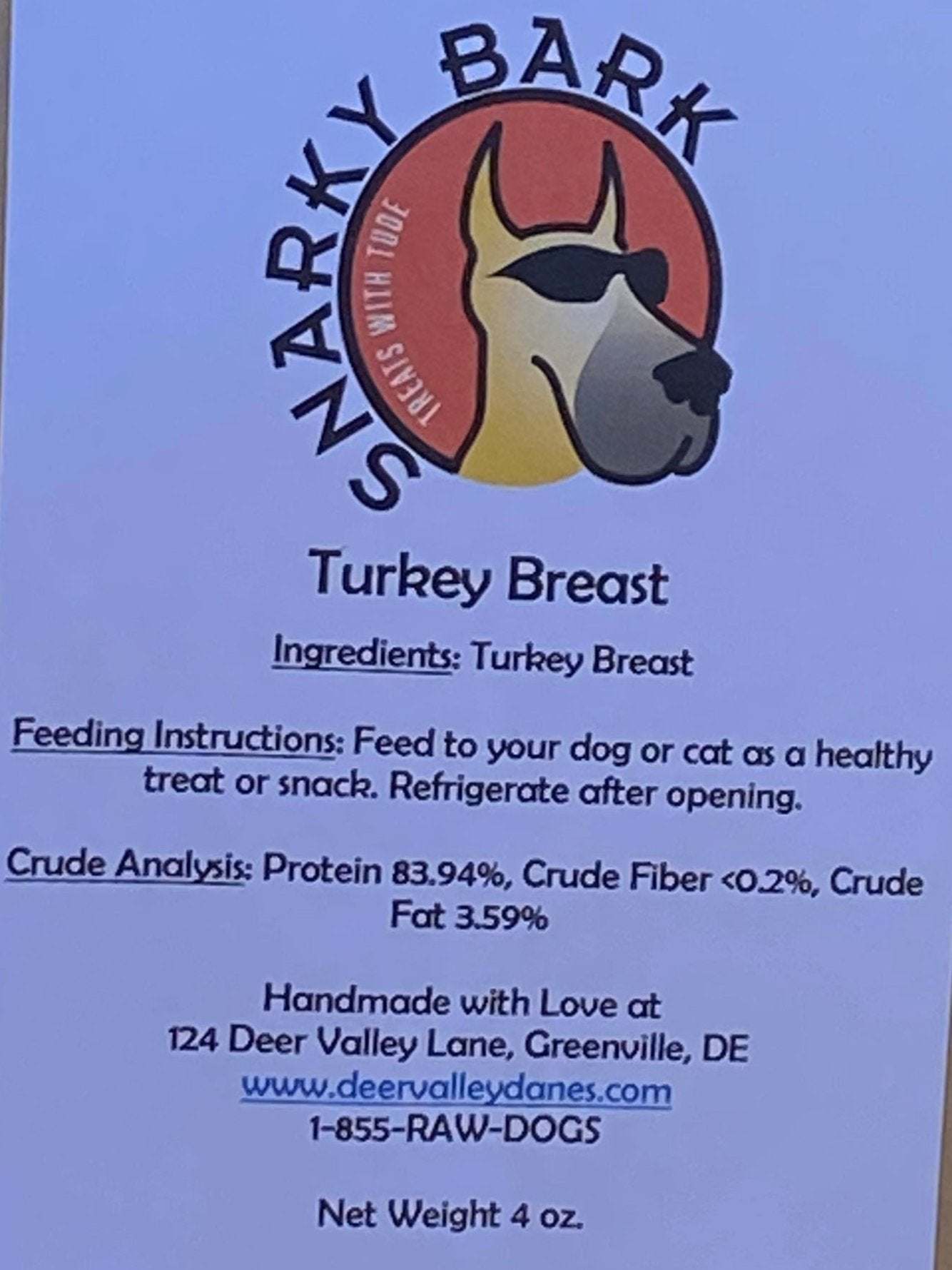 Snarky Bark Turkey Breast Jerky single ingredient turkey treats for dogs and cats in BPA free packaging