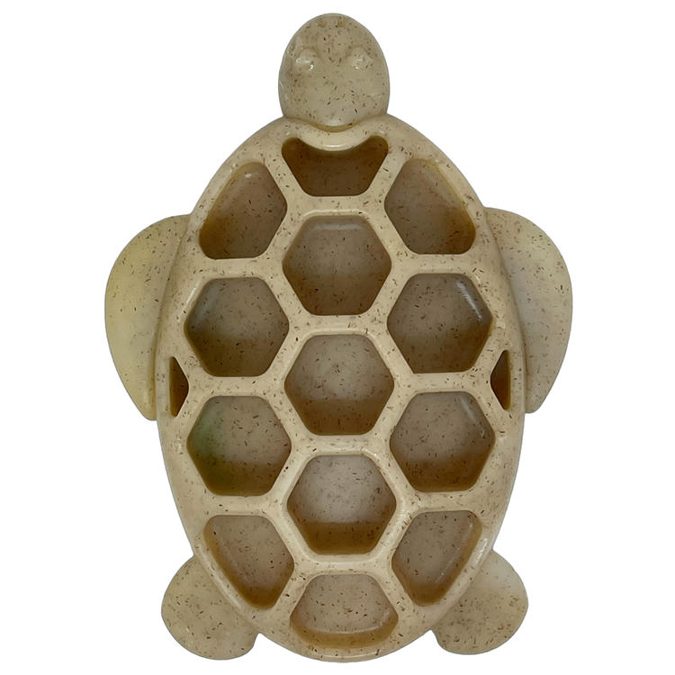 Turtle-shaped ultra-durable nylon and wood composite chew toy for power chewers with textured shell for treat enrichment
