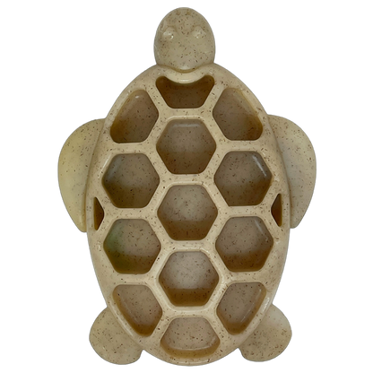Turtle-shaped ultra-durable nylon and wood composite chew toy for power chewers with textured shell for treat enrichment