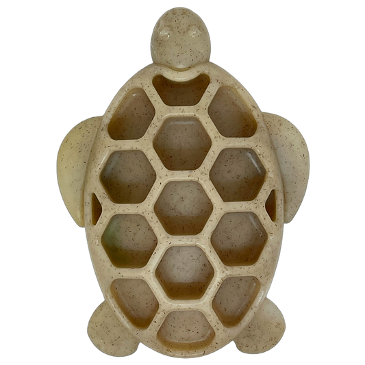 Turtle-shaped ultra-durable nylon and wood composite chew toy for power chewers with textured shell for treat enrichment
