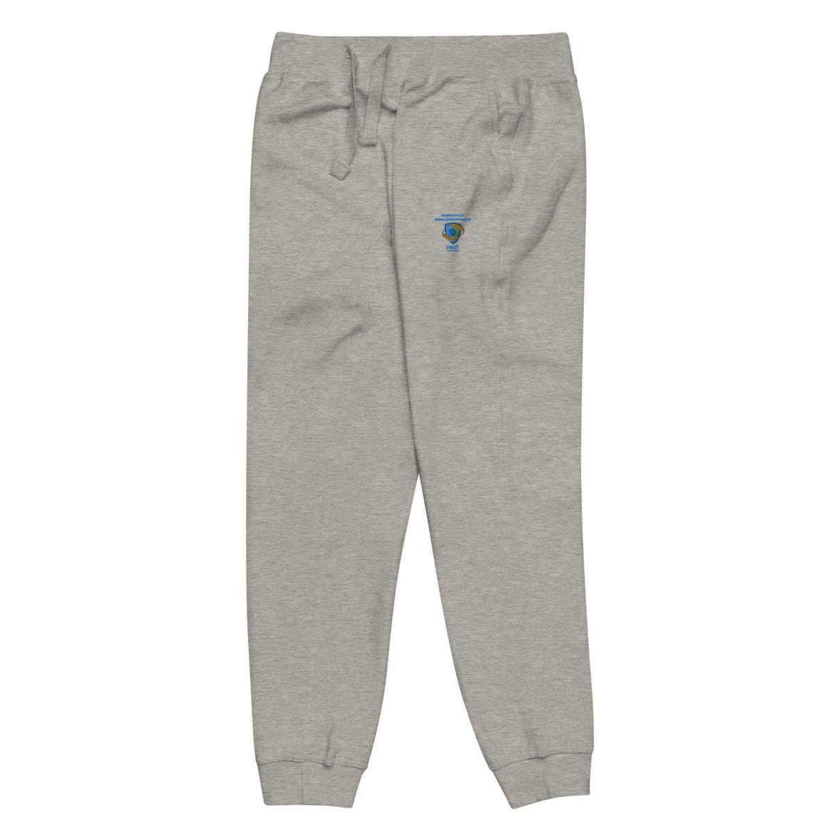 Unisex PACT branded fleece sweatpants in charcoal heather with cuffed ankles