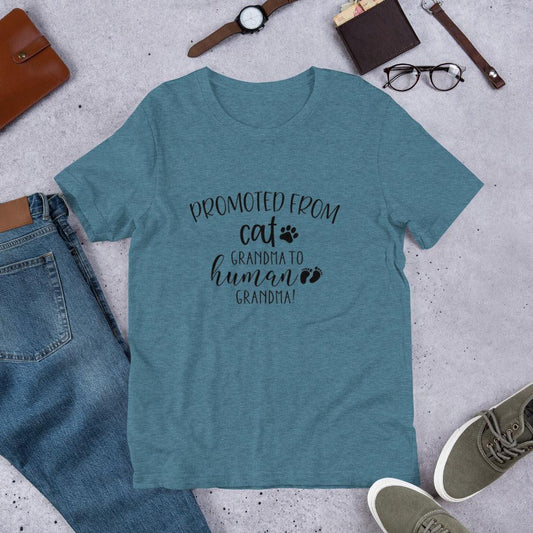 Promoted from Cat Grandma to Human Grandma T-shirt in premium cotton with soft textile flex print by Bella Canvas