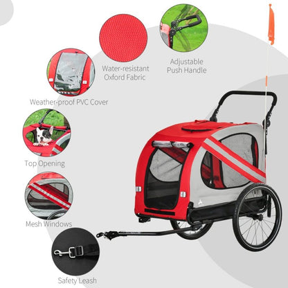 Red 2-in-1 pet bike trailer stroller with mesh windows, weather-resistant fabric, safety leash, and adjustable handle