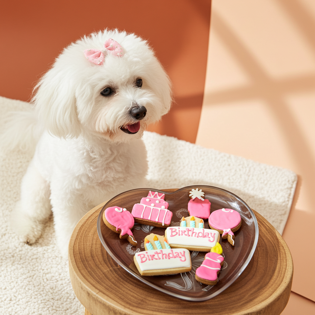 Small white dog with pink bows next to heart-shaped plate of pink and white birthday-themed organic dog cookies