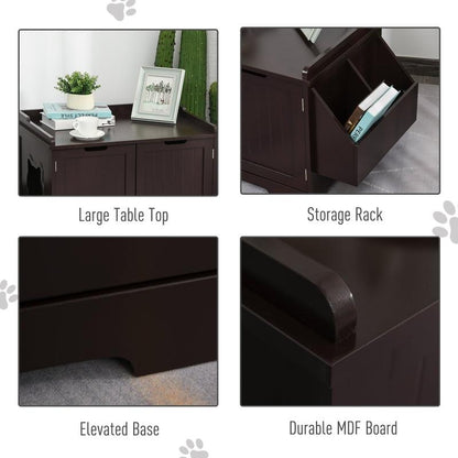 Dark brown wooden cat litter box nightstand with storage rack, magnetic doors, and elevated base made of durable MDF board.