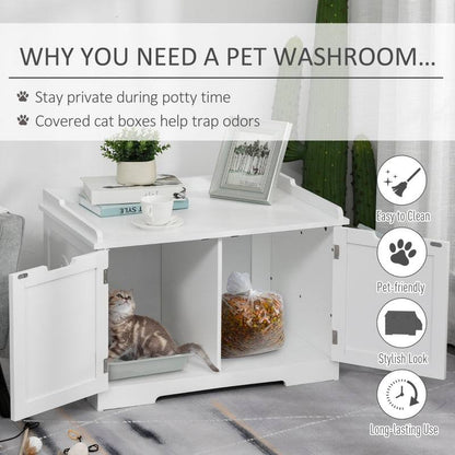 White wooden cat litter box nightstand with magnetic doors and interior litter box enclosure, styled as end table with storage rack and pet-friendly design