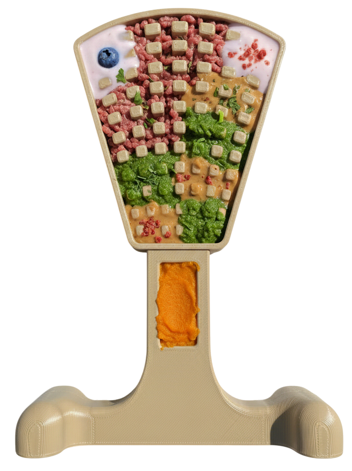 Waffle Tower Nylon Chew toy filled with colorful dog treats and spreads for enrichment and chewing