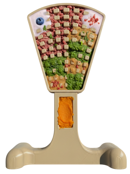 Waffle Tower Nylon Chew toy filled with colorful dog treats and spreads for enrichment and chewing