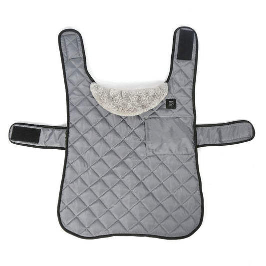 Warm Faux-Fur Dog Jacket in grey quilted fabric with soft faux fur collar and adjustable Velcro straps for a secure fit.