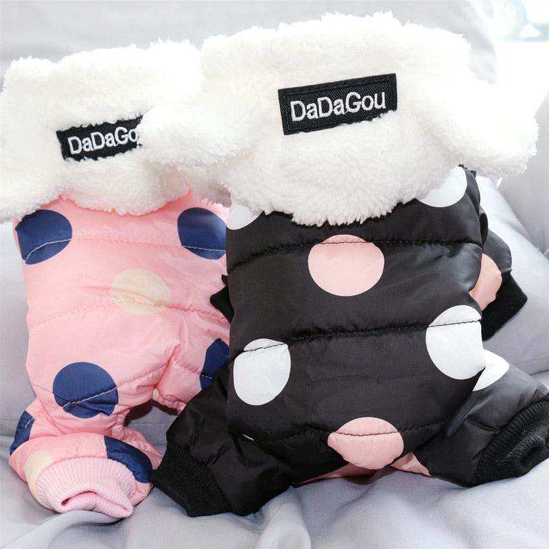 Waterproof Dog Snowsuit in black with pink and white polka dots, fleece-lined with white hood and ear details