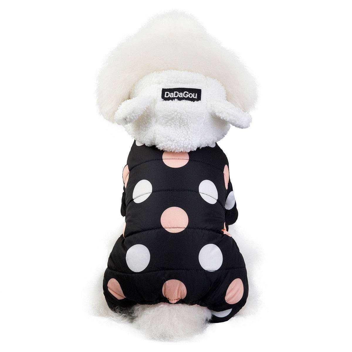 Waterproof Dog Snowsuit in black with large white and pink polka dots, fleece-lined hood with ear details on a small dog