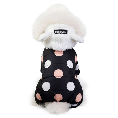 Waterproof Dog Snowsuit in black with large white and pink polka dots, fleece-lined hood with ear details on a small dog