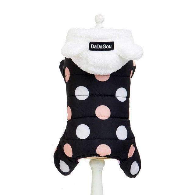 Waterproof Dog Snowsuit with black waterproof fabric, pink and white polka dots, and a white fleece-lined hood with ears