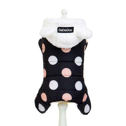 Waterproof Dog Snowsuit with black waterproof fabric, pink and white polka dots, and a white fleece-lined hood with ears