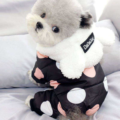 Waterproof Dog Snowsuit in black with large white and pink polka dots, fleece-lined white hood with ear details, full-body coverage