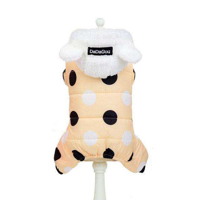 Waterproof Dog Snowsuit in pale peach with large white and black polka dots, fleece-lined hood with ear details for small dogs