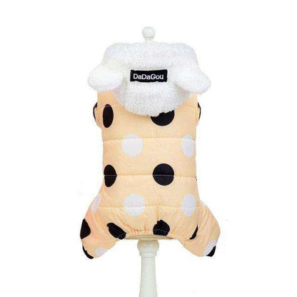 Waterproof Dog Snowsuit in pale peach with large white and black polka dots, fleece-lined hood with ear details for small dogs