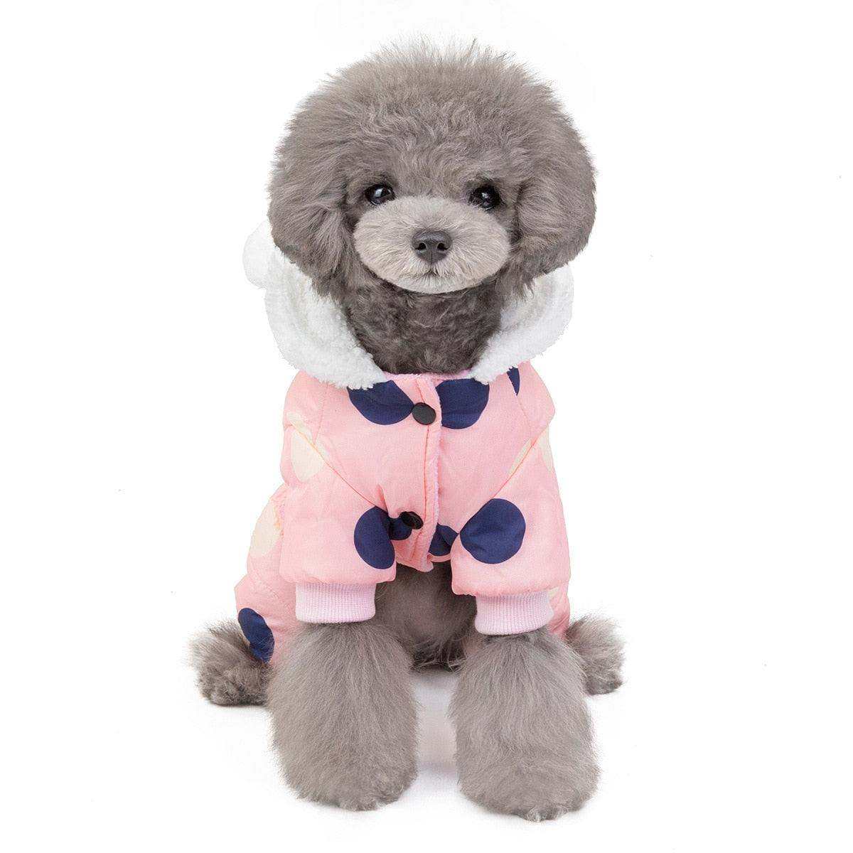 Waterproof Dog Snowsuit in pink with large navy polka dots, fleece-lined hood, and snap closures on small gray poodle