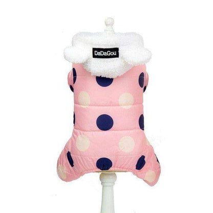 Waterproof Dog Snowsuit in pink with navy and white polka dots, fleece-lined hood with ear details for warmth