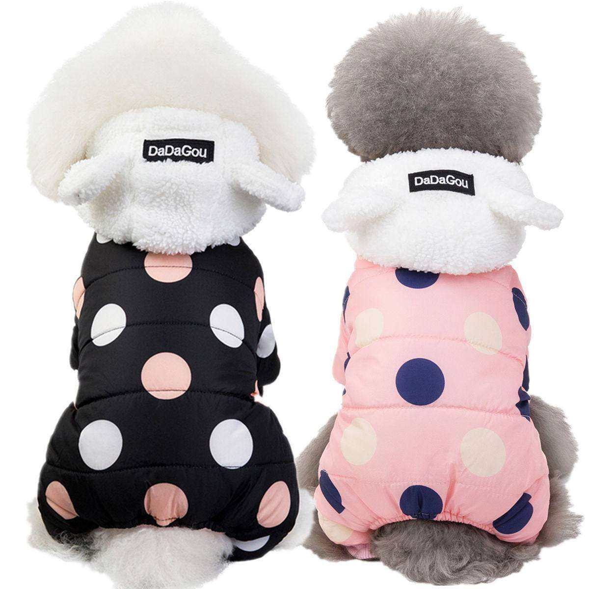 Waterproof Dog Snowsuit in black and pink with large polka dots, fleece-lined with attached hoodie and ear details on small dogs