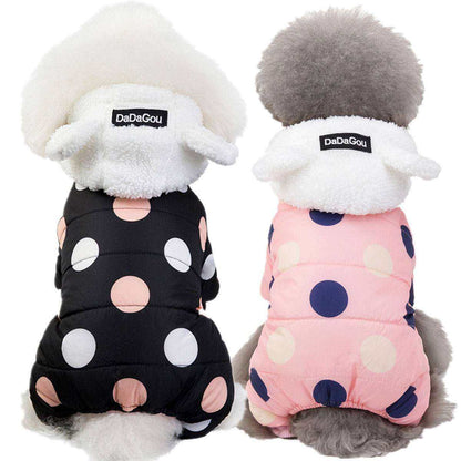 Waterproof Dog Snowsuit in black and pink with large polka dots, fleece-lined with attached hoodie and ear details on small dogs