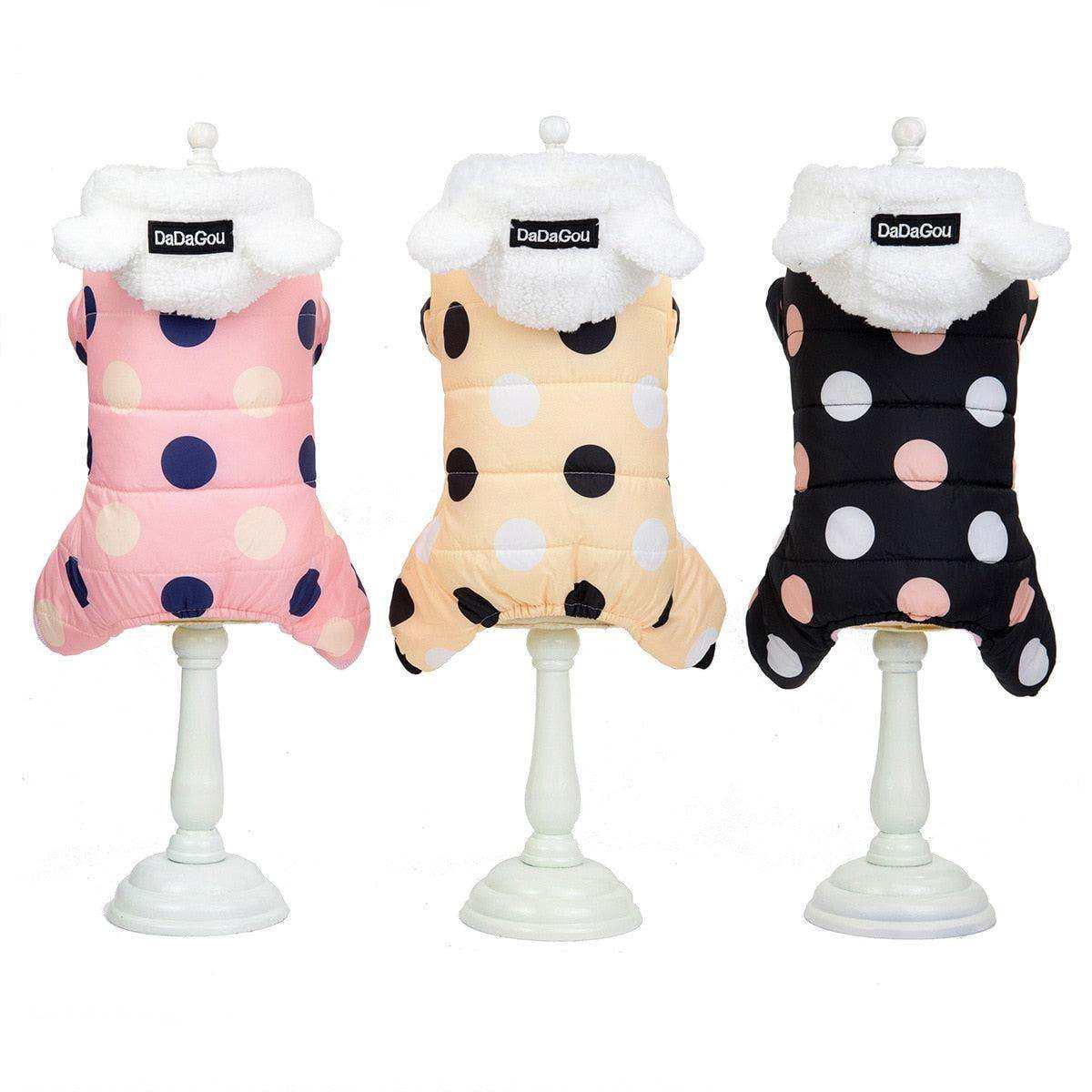Waterproof Dog Snowsuit in pink, beige, and black with large polka dots and fleece-lined hood for small dogs