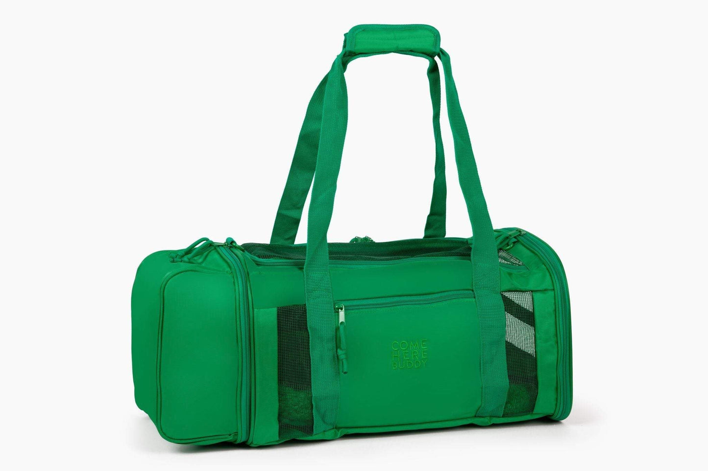Travel Buddy pet carrier in green with mesh walls, sherpa bedding, multiple pockets, expandable room, and dual-use leash strap for small pets up to 15 lbs.