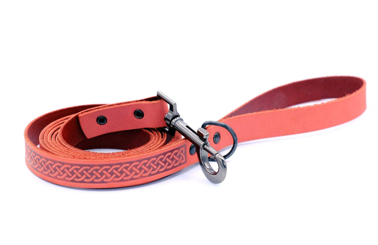 Celtic Sport Coral Reef leather dog leash with black hardware and Celtic knot design