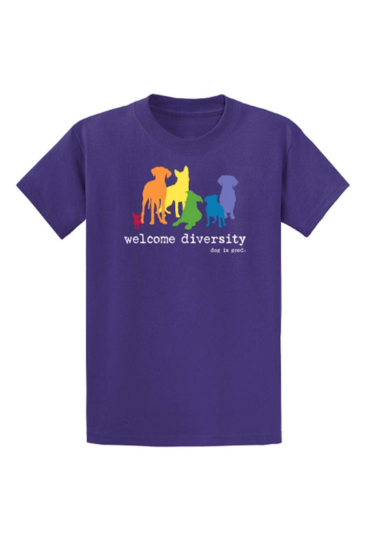 Purple Welcome Diversity Pride T-shirt with rainbow dog design