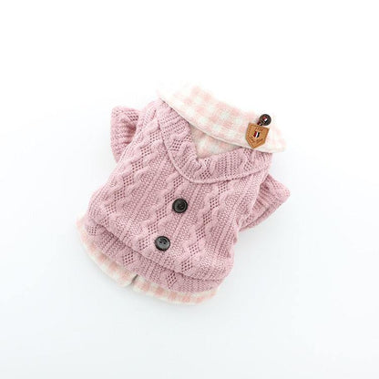 Winter Plaid Wool Dog Sweater in dusty pink knit with textured cable patterns, pale pink plaid collar, and button details.