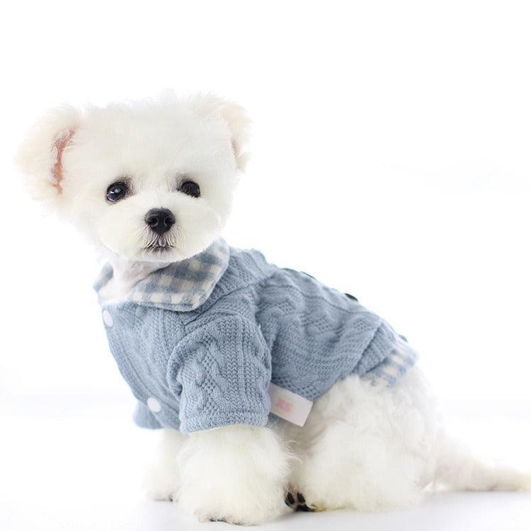 Winter Plaid Wool Dog Sweater in pale blue knit with cable texture, featuring a soft blue-and-white plaid collar and cuffs