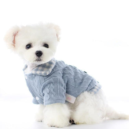 Winter Plaid Wool Dog Sweater in pale blue knit with cable texture, featuring a soft blue-and-white plaid collar and cuffs