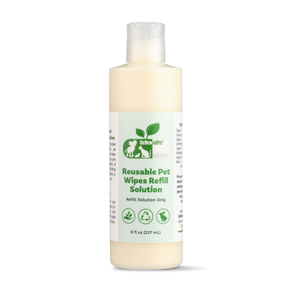 Reusable pet wipes refill solution bottle with natural organic ingredients for pet grooming and cleaning