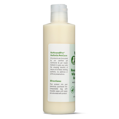 Reusable pet swipes solution bottle with natural organic ingredients for pet grooming and cleaning