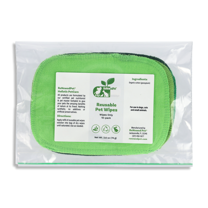 Reusable Pet Wipes 10-pack by ReNewedPet with 100% natural cotton in bio-compostable pouch for pet grooming and cleaning
