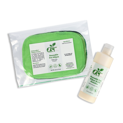 Reusable green pet wipes with bio-compostable packaging and refill cleansing solution for natural pet grooming.