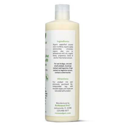 Reusable Pet Wipes refill solution bottle with natural ingredients for cats and dogs by ReNewedPet