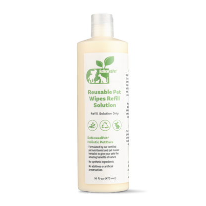 Reusable pet wipes refill solution bottle with natural ingredients for pet grooming and cleaning